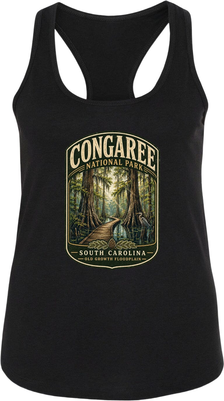 A black tank top with a graphic design depicting a forest scene with a winding path leading through the trees.