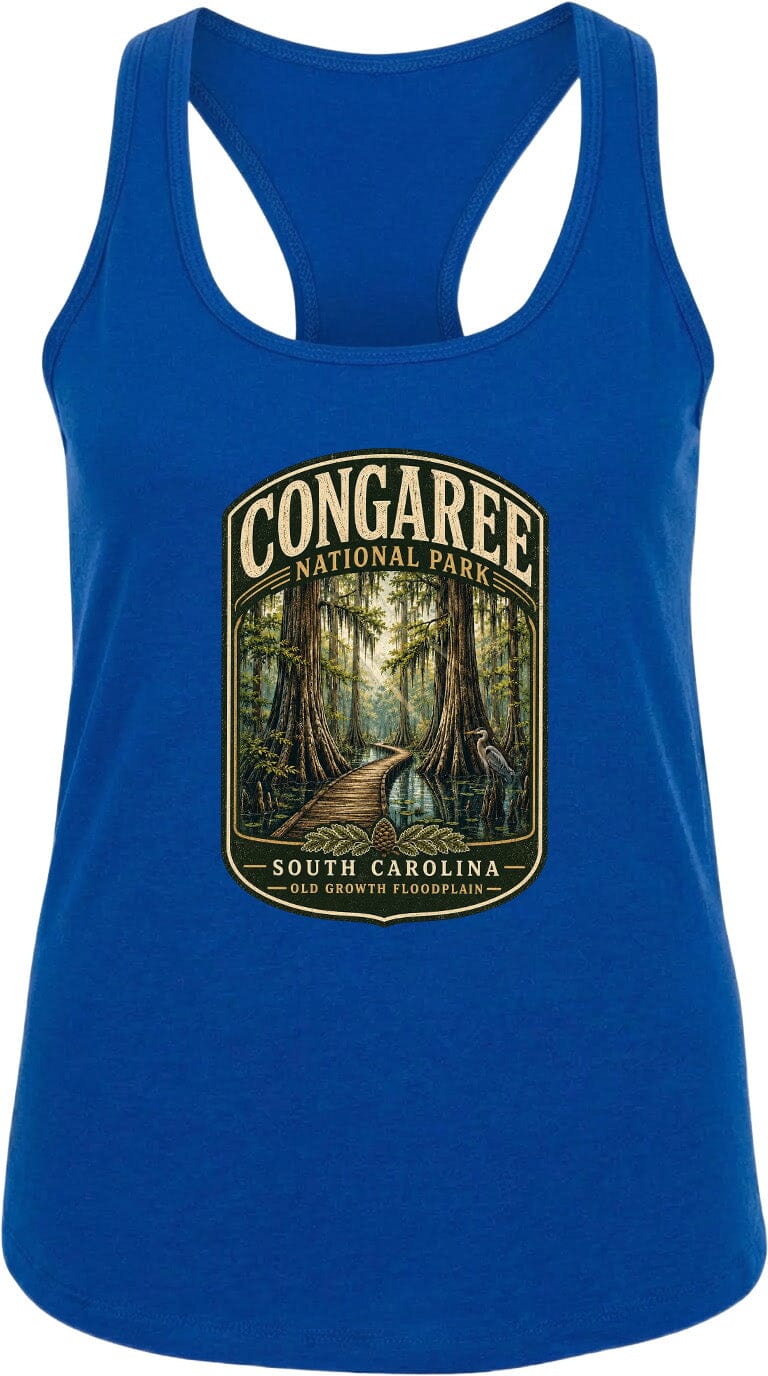 A blue tank top with a graphic design depicting a forest scene, specifically the Congaree National Park in South Carolina.