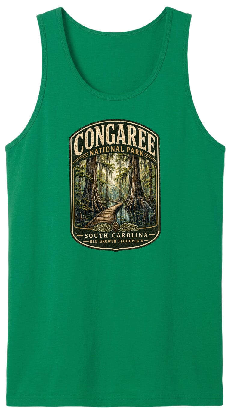 A green tank top with a graphic design depicting a forest scene with a path leading through it, surrounded by trees.