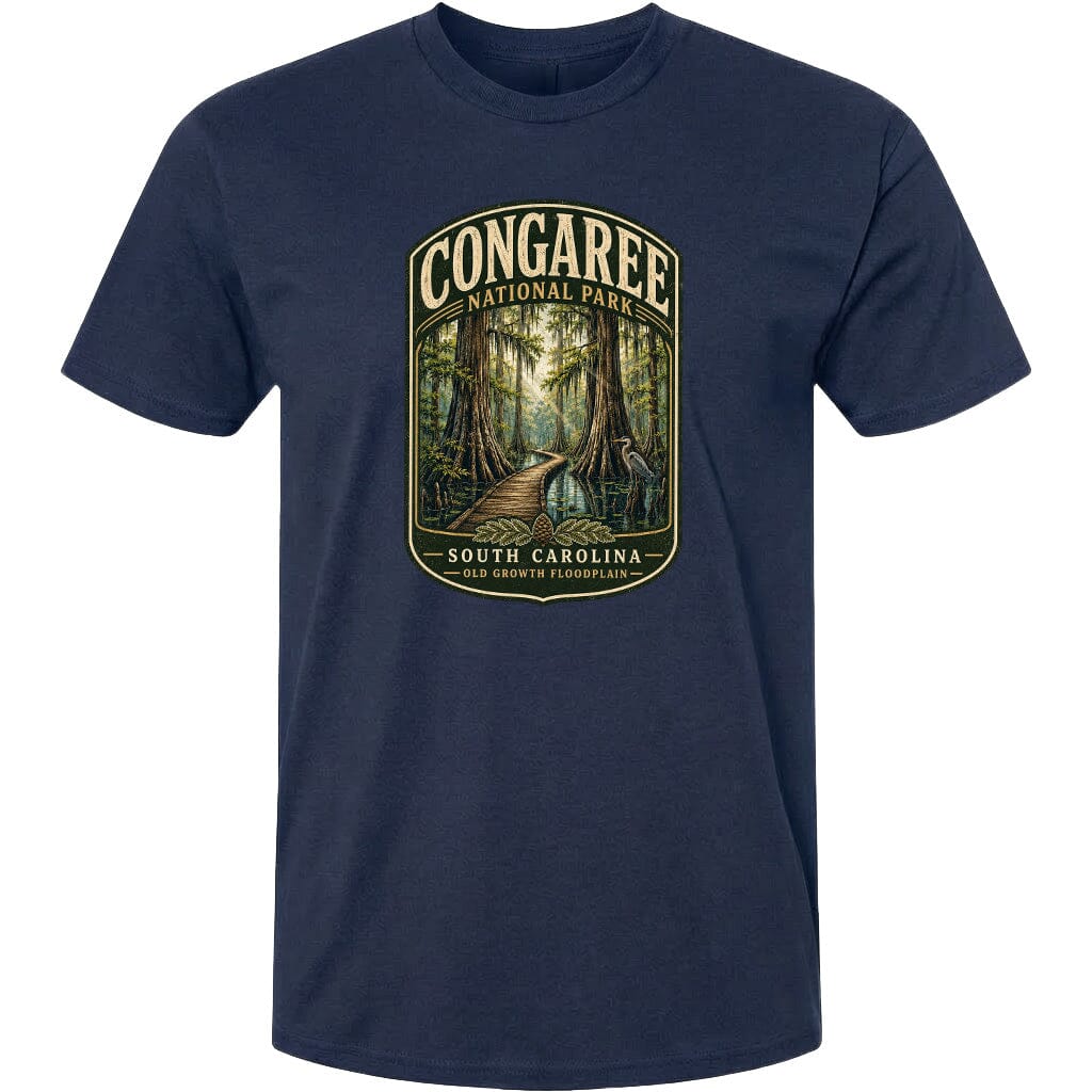 A navy blue t-shirt with a graphic design depicting a forest scene with a path leading through it.
