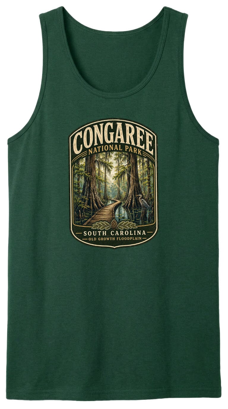 A green tank top with a graphic design depicting a forest scene with a path leading through it, surrounded by trees and foliage.