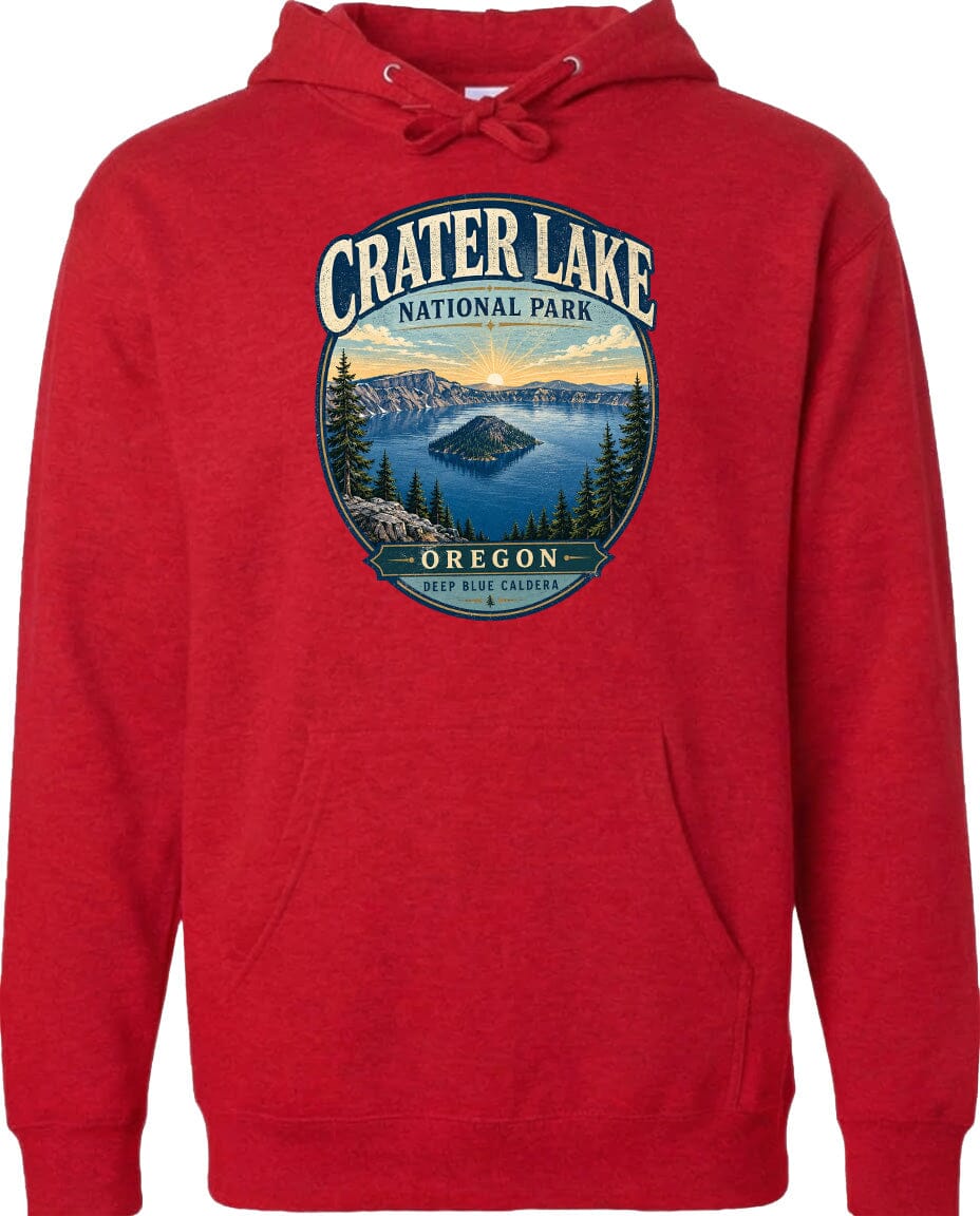 A red hoodie with a graphic design depicting Crater Lake National Park in Oregon.