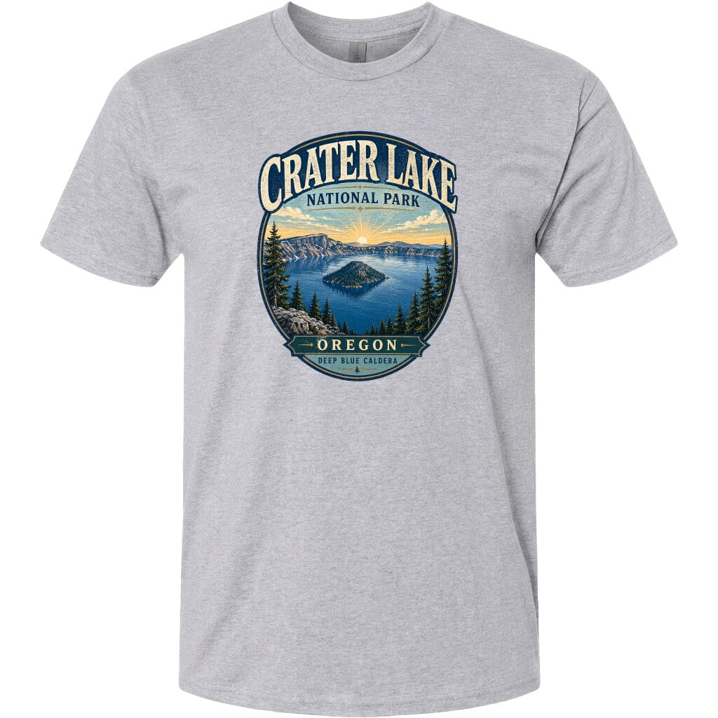 A gray t-shirt with a graphic design depicting Crater Lake, a famous natural landmark in Oregon, USA.
