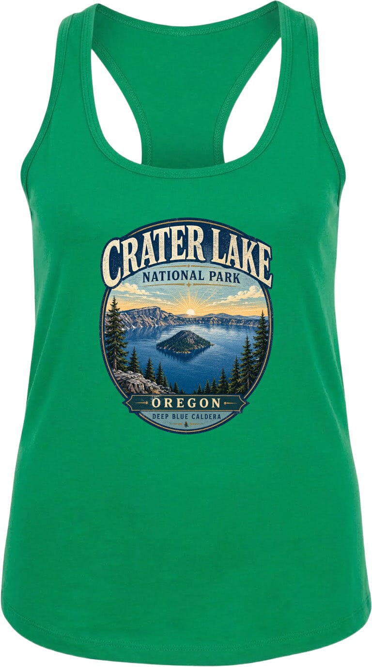A green tank top with a graphic design depicting Crater Lake National Park in Oregon.