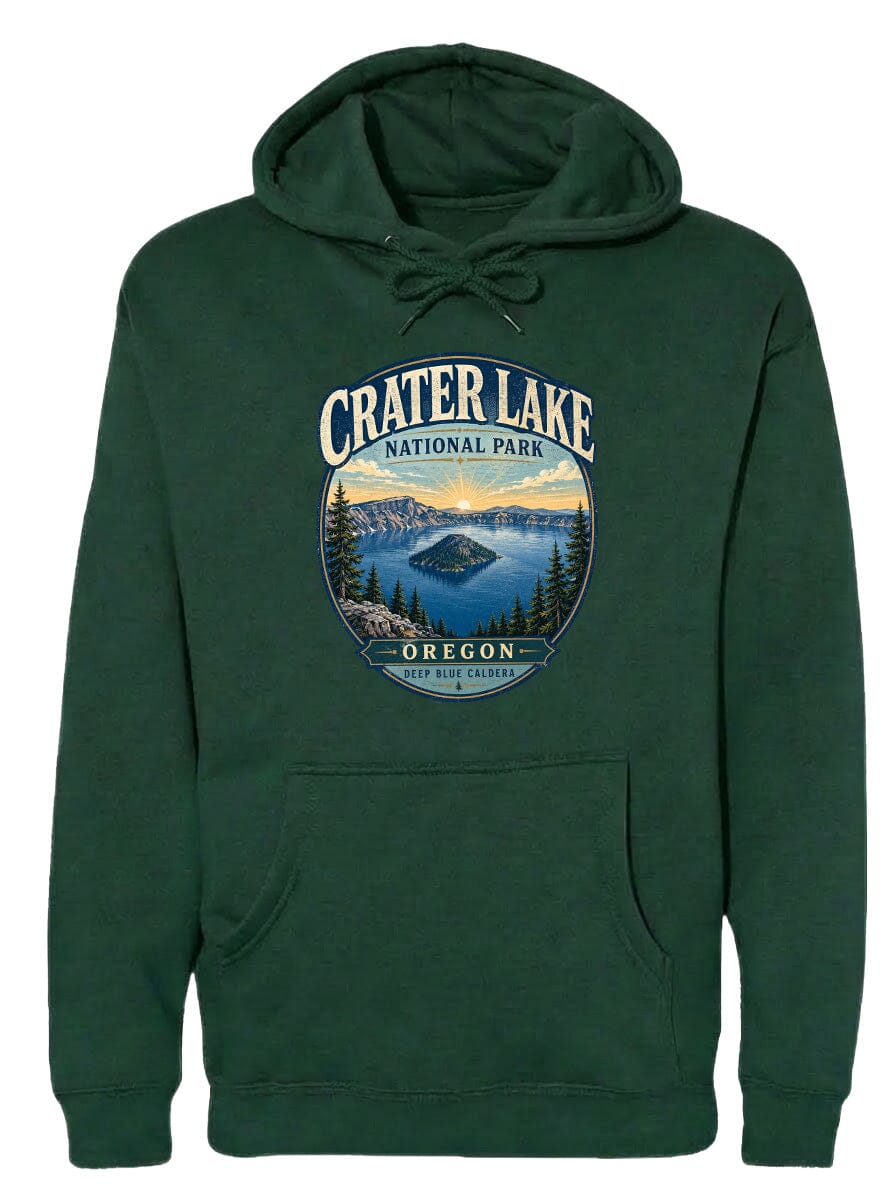 A green hoodie with a graphic design depicting Crater Lake National Park in Oregon.