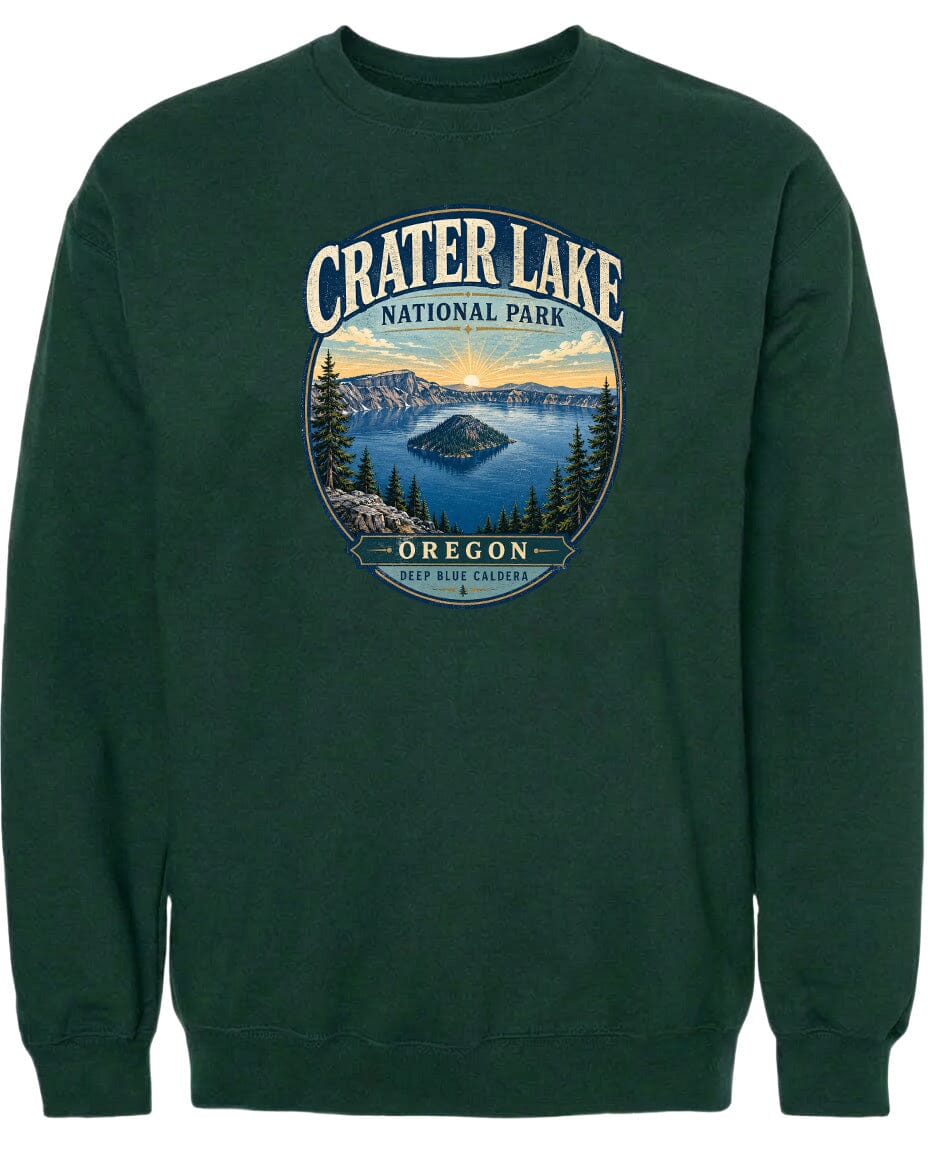 A green sweatshirt with a graphic design depicting Crater Lake National Park in Oregon.