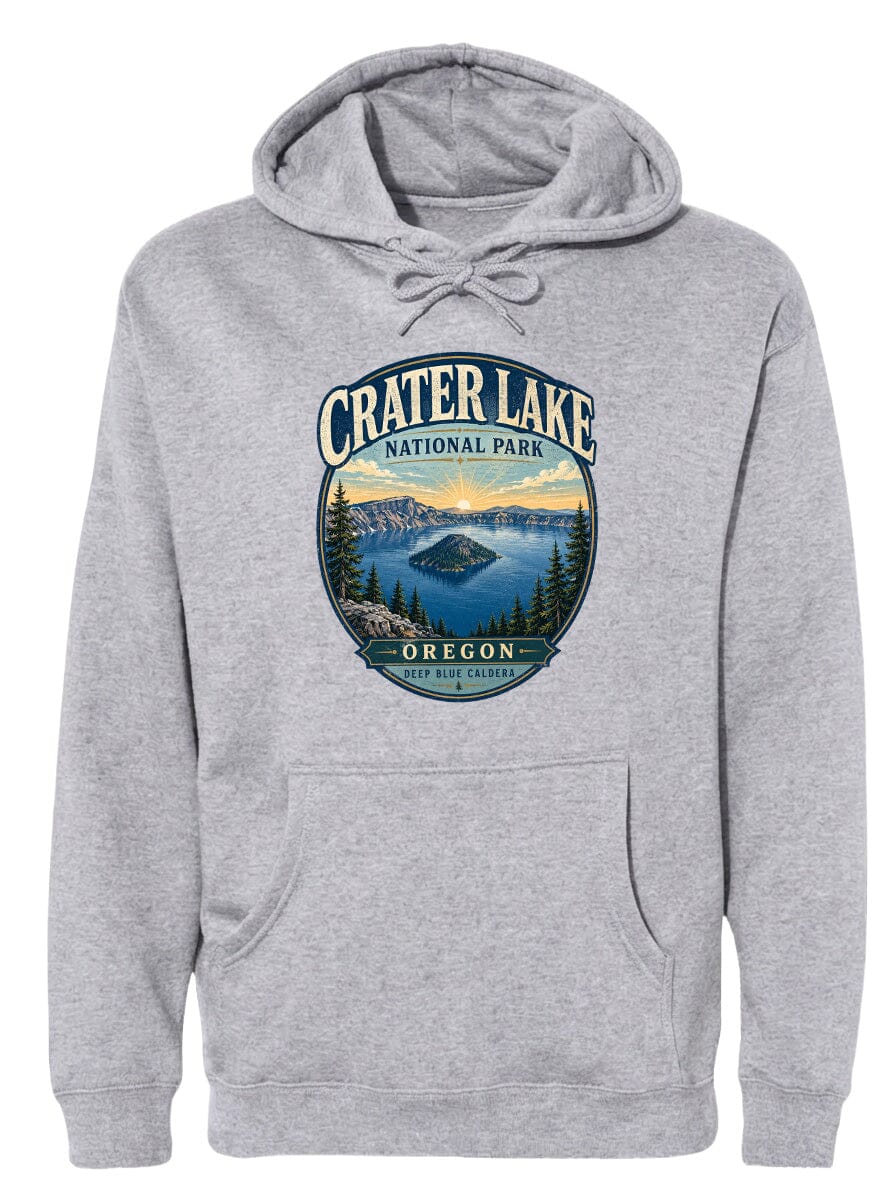 A gray hoodie with a graphic design depicting Crater Lake National Park in Oregon.