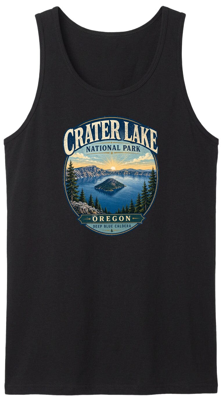 A black tank top with a graphic design depicting Crater Lake National Park in Oregon.