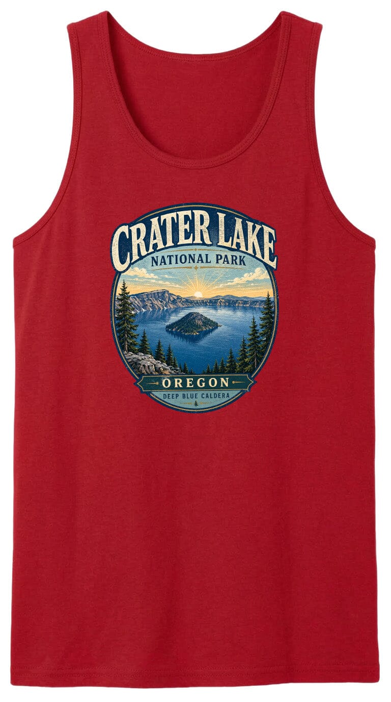 A red tank top with a graphic design depicting Crater Lake National Park in Oregon.