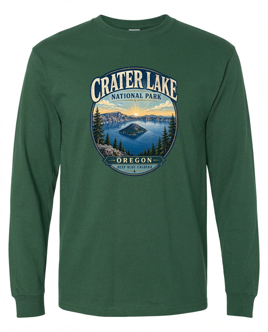 A green long-sleeved t-shirt with a graphic design featuring a scenic landscape with a lake, mountains, and trees.