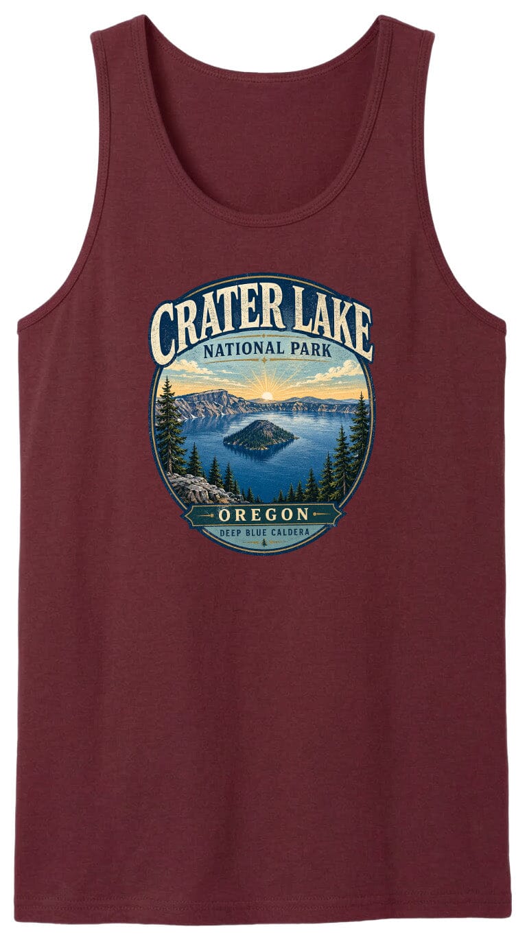 A red tank top with a graphic design depicting Crater Lake National Park in Oregon.