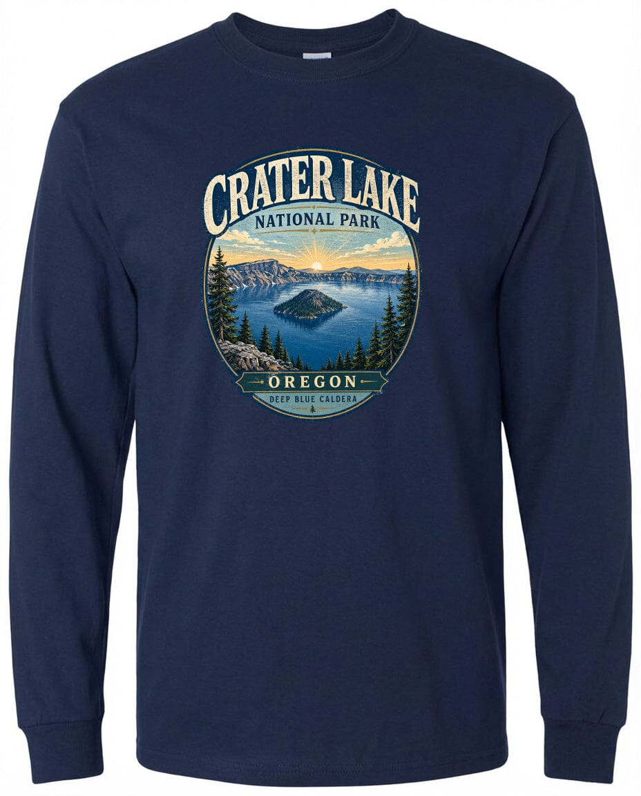 A navy blue long-sleeved t-shirt with a graphic design depicting Crater Lake, a famous natural park in Oregon.