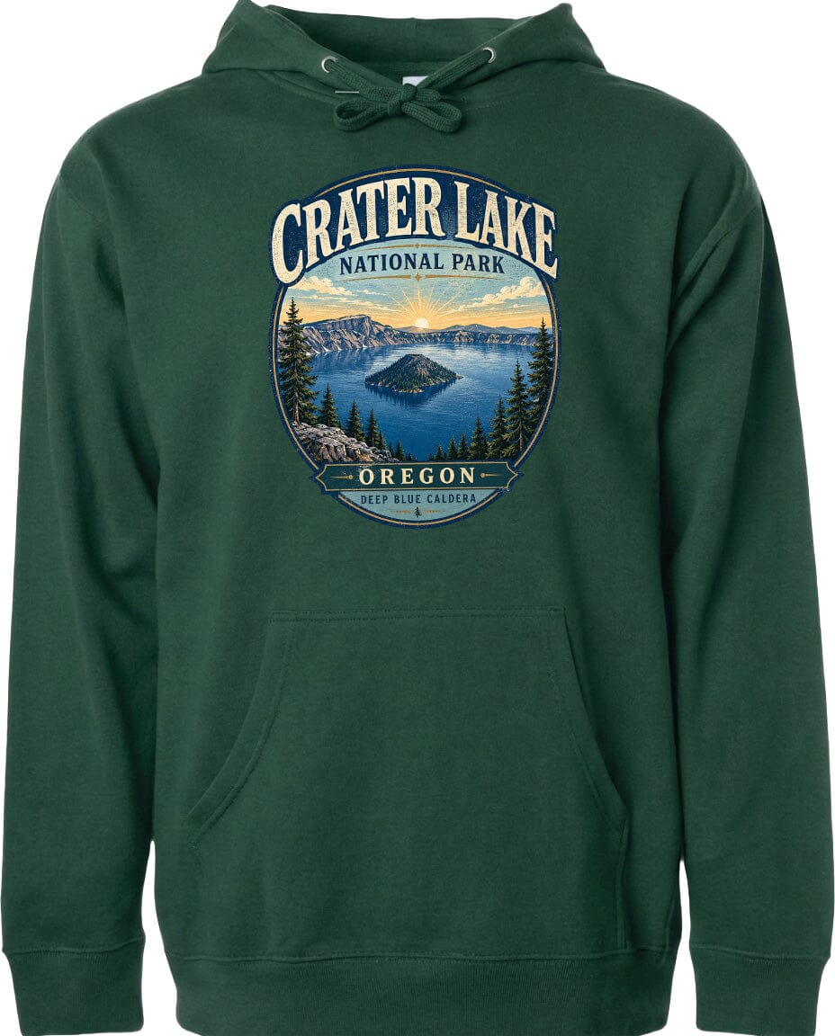 A green hoodie with a graphic design depicting Crater Lake National Park in Oregon.