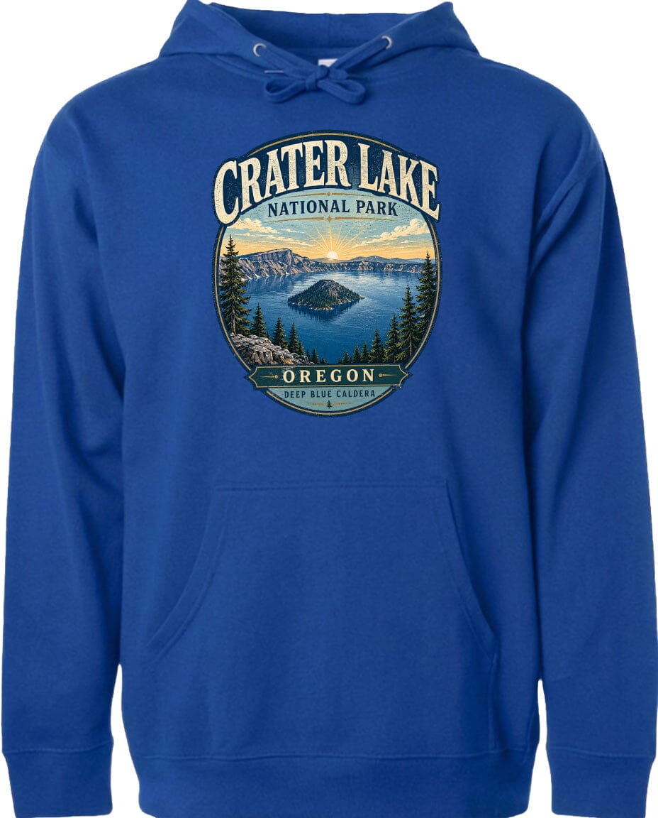 A blue hoodie with a graphic design depicting Crater Lake National Park in Oregon.