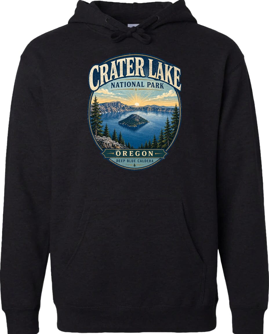 A black hoodie with a graphic design depicting Crater Lake National Park in Oregon.