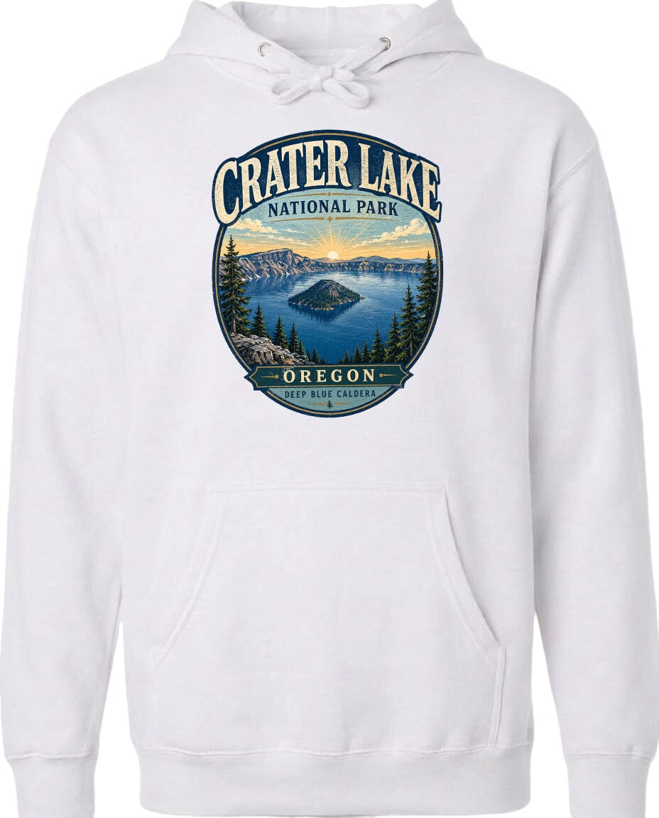 A white hoodie with a graphic design depicting Crater Lake National Park in Oregon.