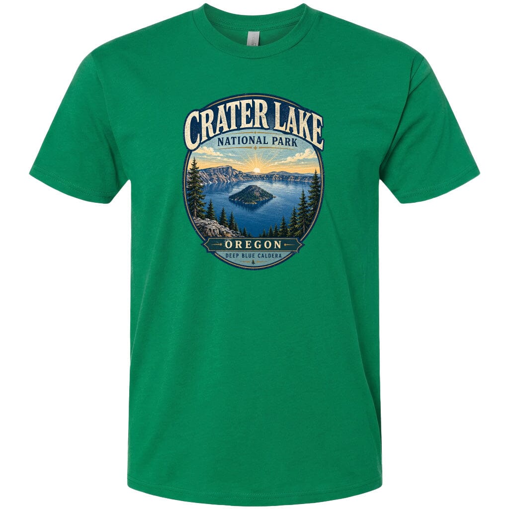 A green t-shirt with a graphic design depicting Crater Lake National Park in Oregon.