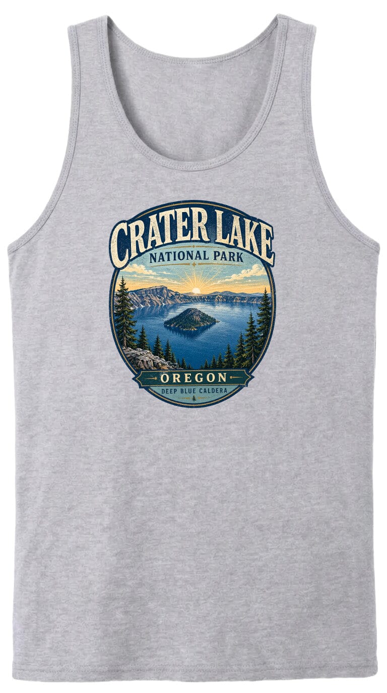 A gray tank top with a graphic design depicting Crater Lake National Park in Oregon.