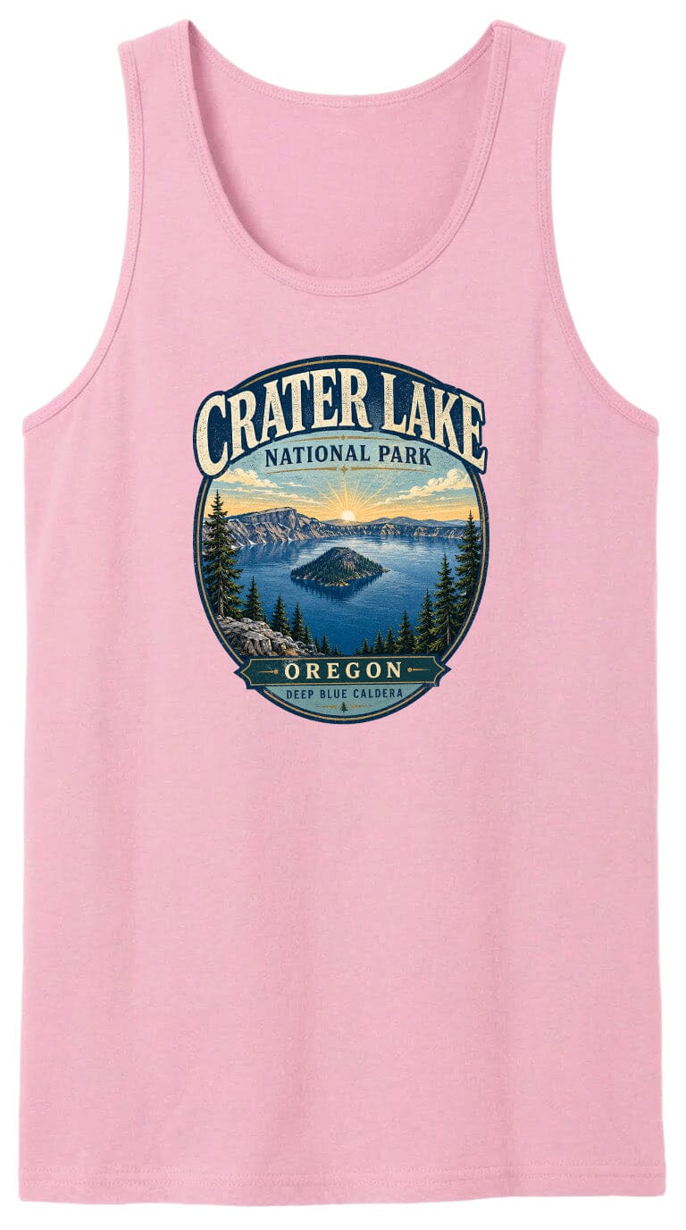 A pink tank top with a graphic design depicting Crater Lake National Park in Oregon.