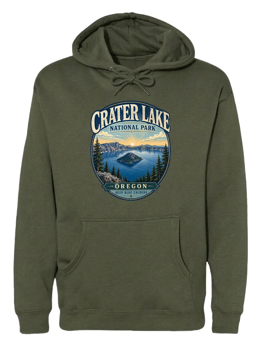 A green hoodie with a graphic design depicting Crater Lake National Park in Oregon.