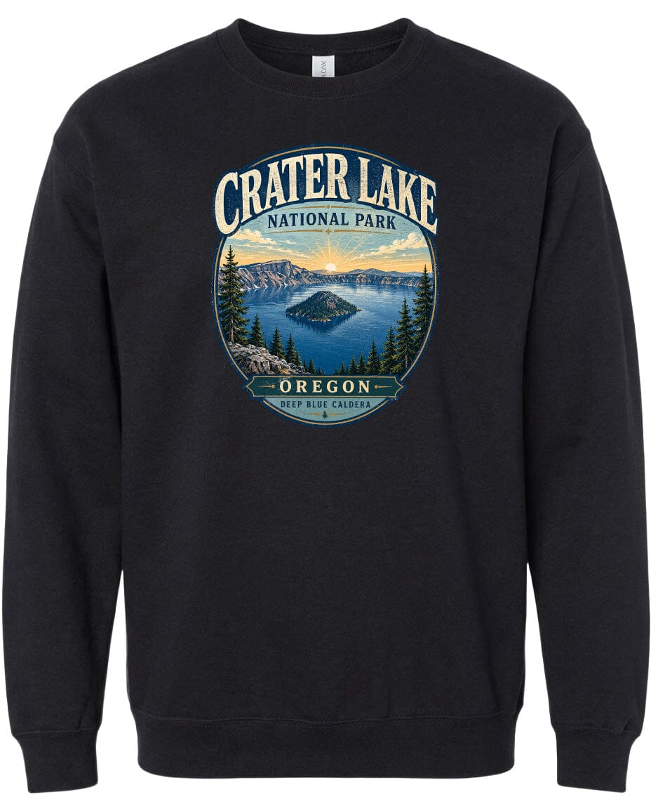 A black sweatshirt with a graphic design depicting Crater Lake National Park in Oregon.