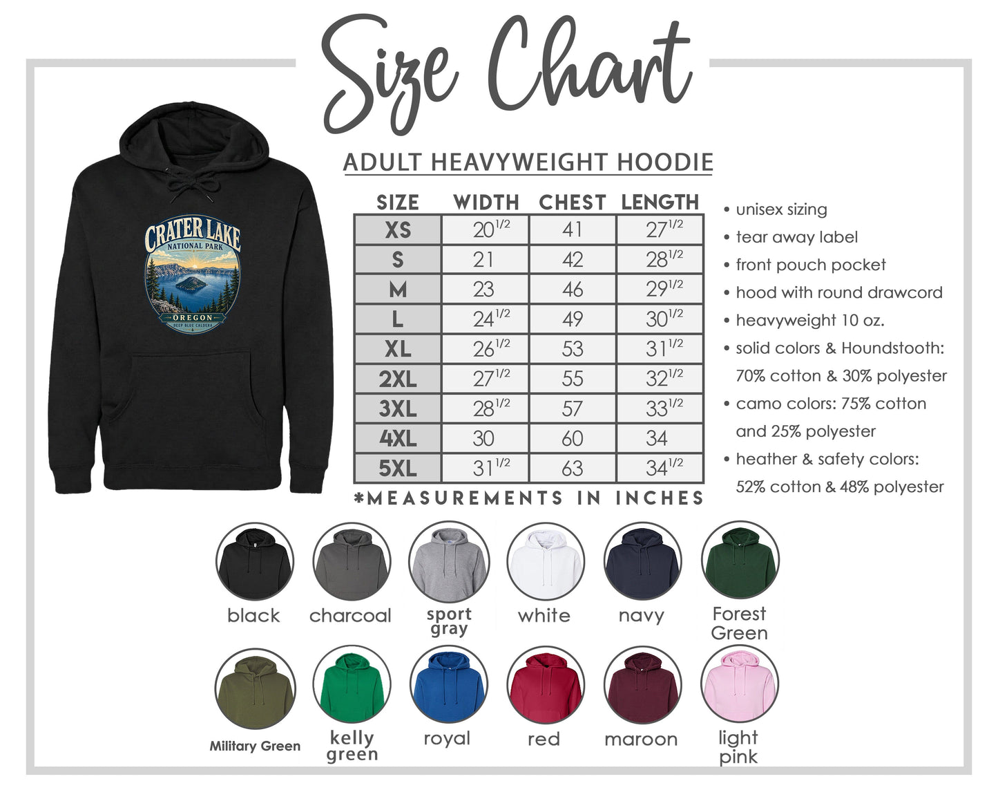 The image is a size chart for an adult heavyweight hoodie, including various color options and measurements in inches.
