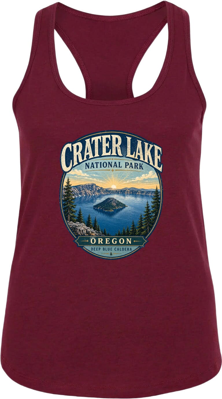 A red tank top with a graphic design depicting Crater Lake National Park in Oregon.