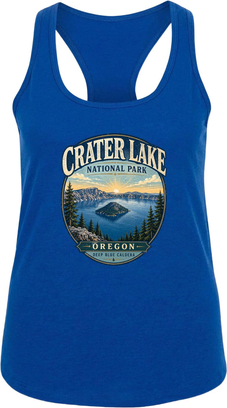 A blue tank top with a graphic design depicting Crater Lake National Park in Oregon.