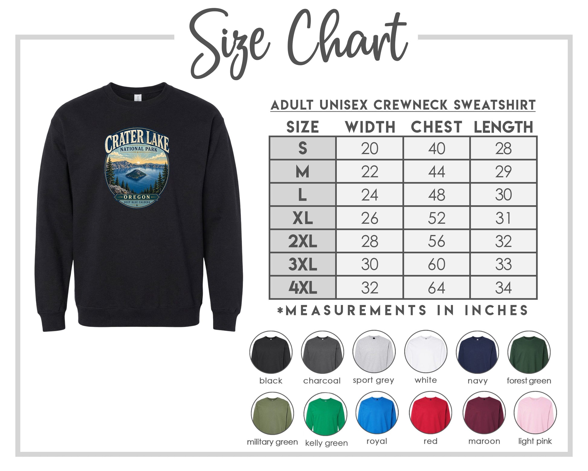 The image is a size chart for an adult unisex crewneck sweatshirt. It includes a black crewneck sweatshirt with a graphic design and a table with size measurements for different chest and waist sizes.