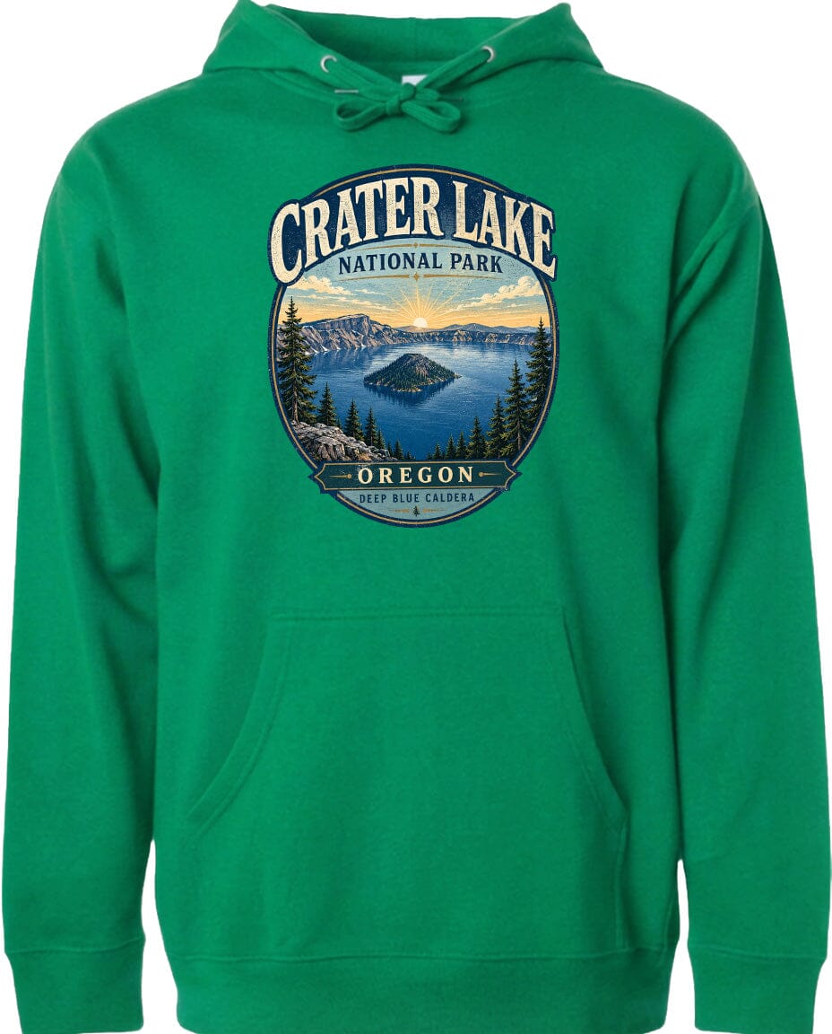 A green hoodie with a graphic design depicting Crater Lake National Park in Oregon.
