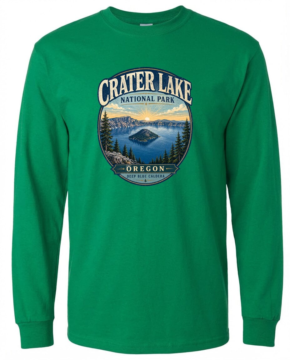 A green long-sleeved t-shirt with a graphic design depicting Crater Lake National Park in Oregon.