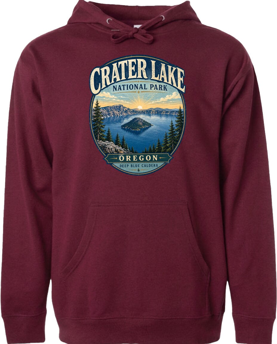 A maroon hoodie with a graphic design depicting Crater Lake National Park in Oregon.