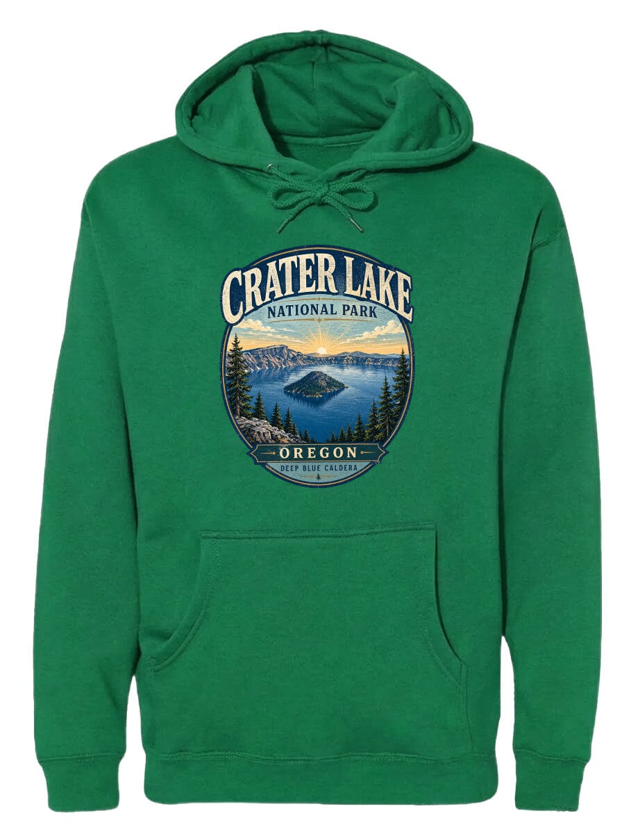 A green hoodie with a graphic design depicting Crater Lake National Park in Oregon.