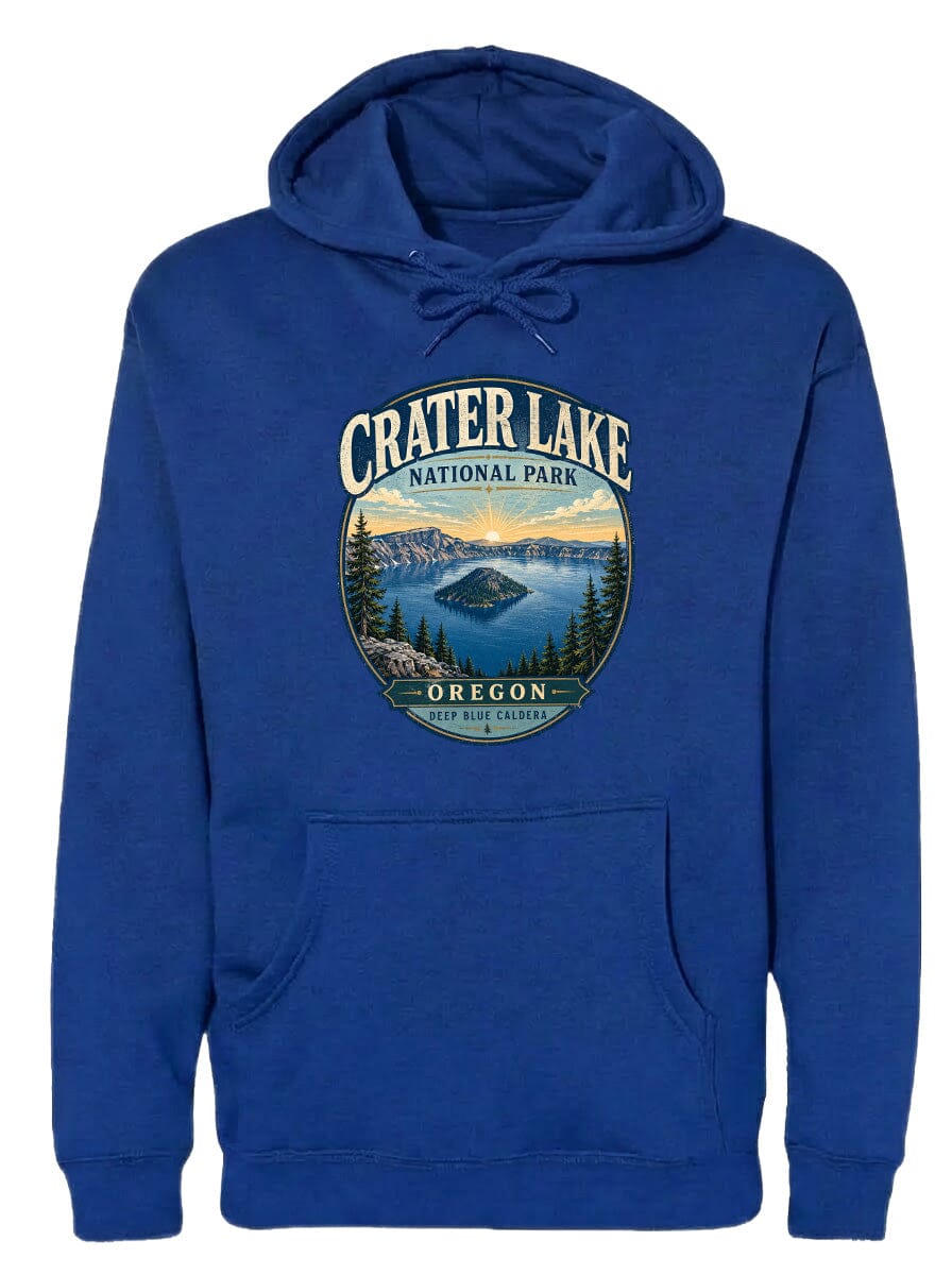 A blue hoodie with a graphic design depicting Crater Lake National Park in Oregon.