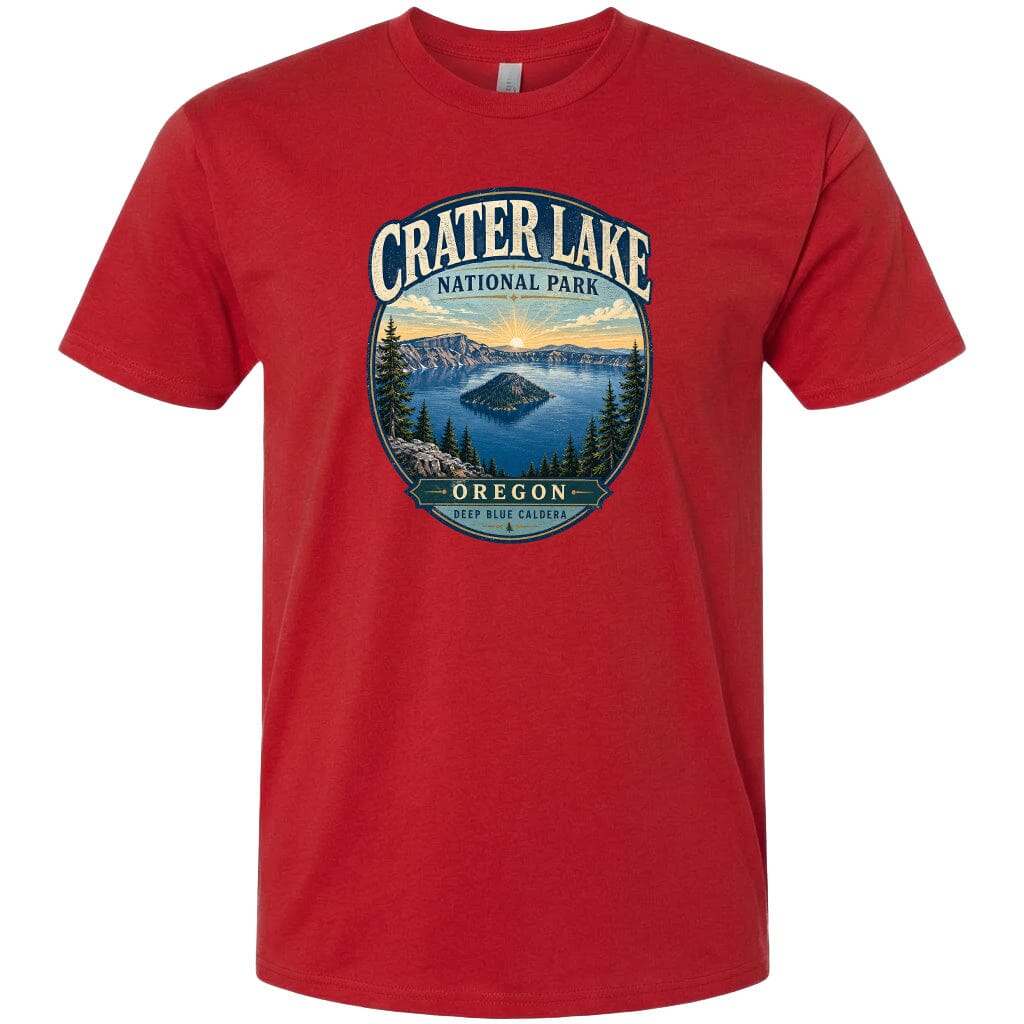 A red t-shirt with a graphic design depicting Crater Lake National Park in Oregon.