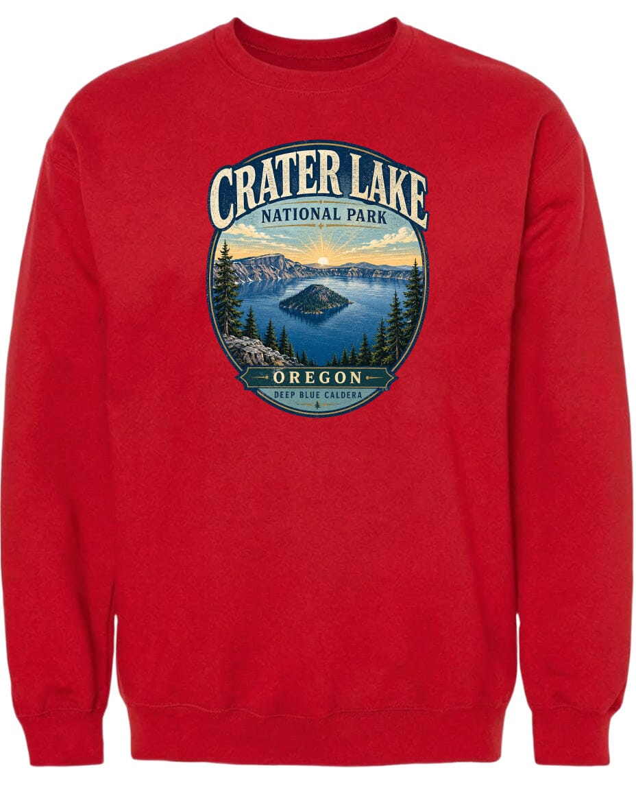 A red sweatshirt with a graphic design depicting Crater Lake National Park in Oregon.