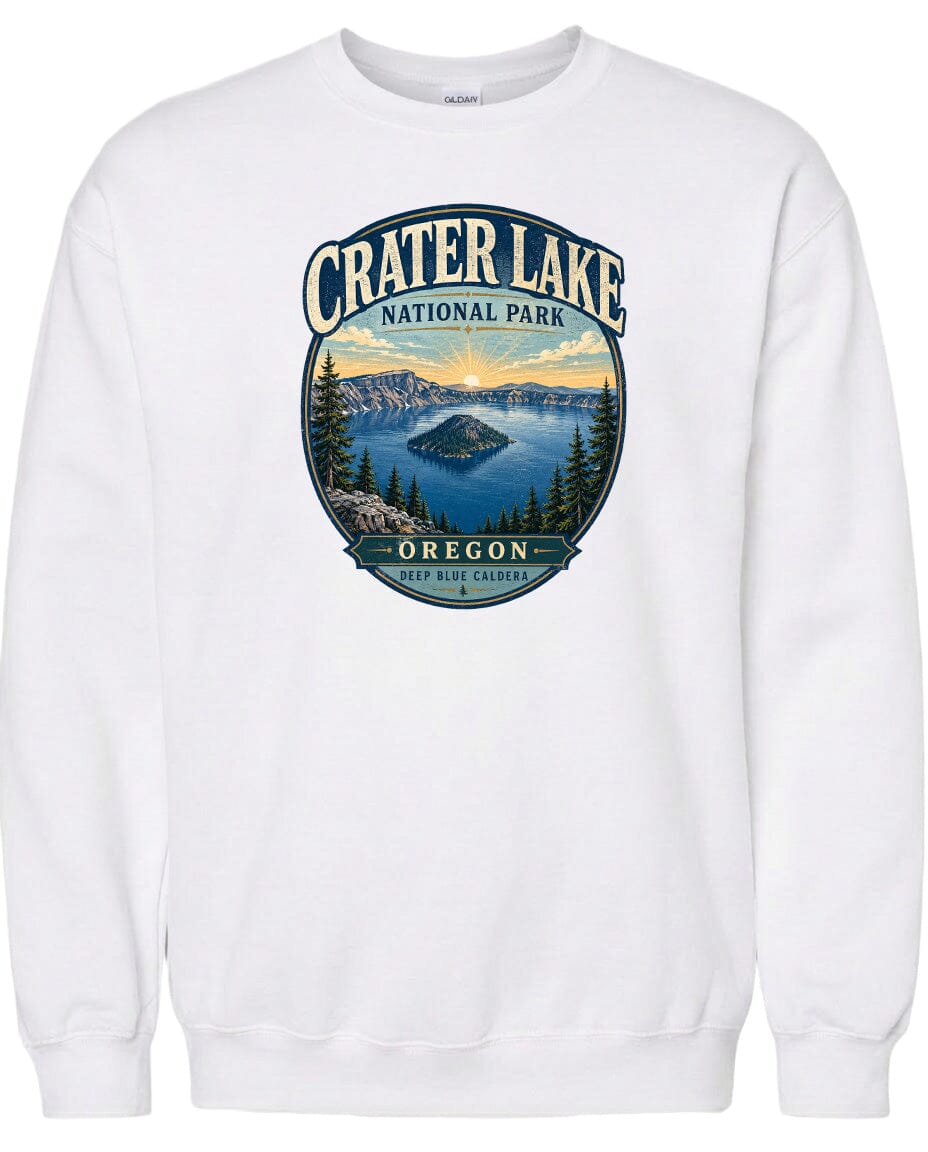 A white sweatshirt with a graphic design depicting Crater Lake National Park in Oregon.