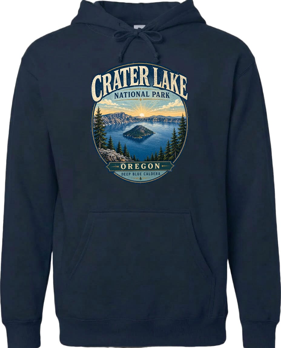 A navy blue hoodie with a graphic design depicting Crater Lake National Park in Oregon.