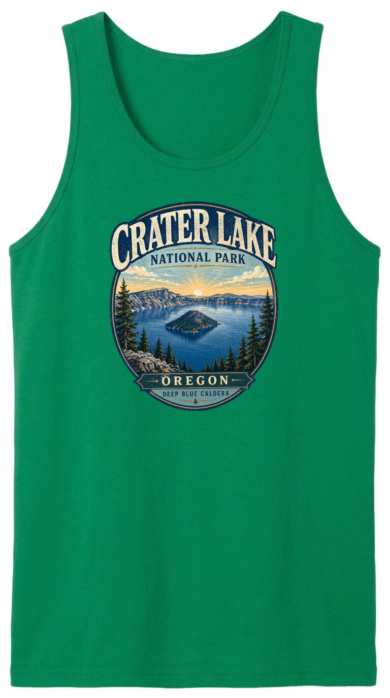 A green tank top with a graphic design depicting Crater Lake National Park in Oregon.