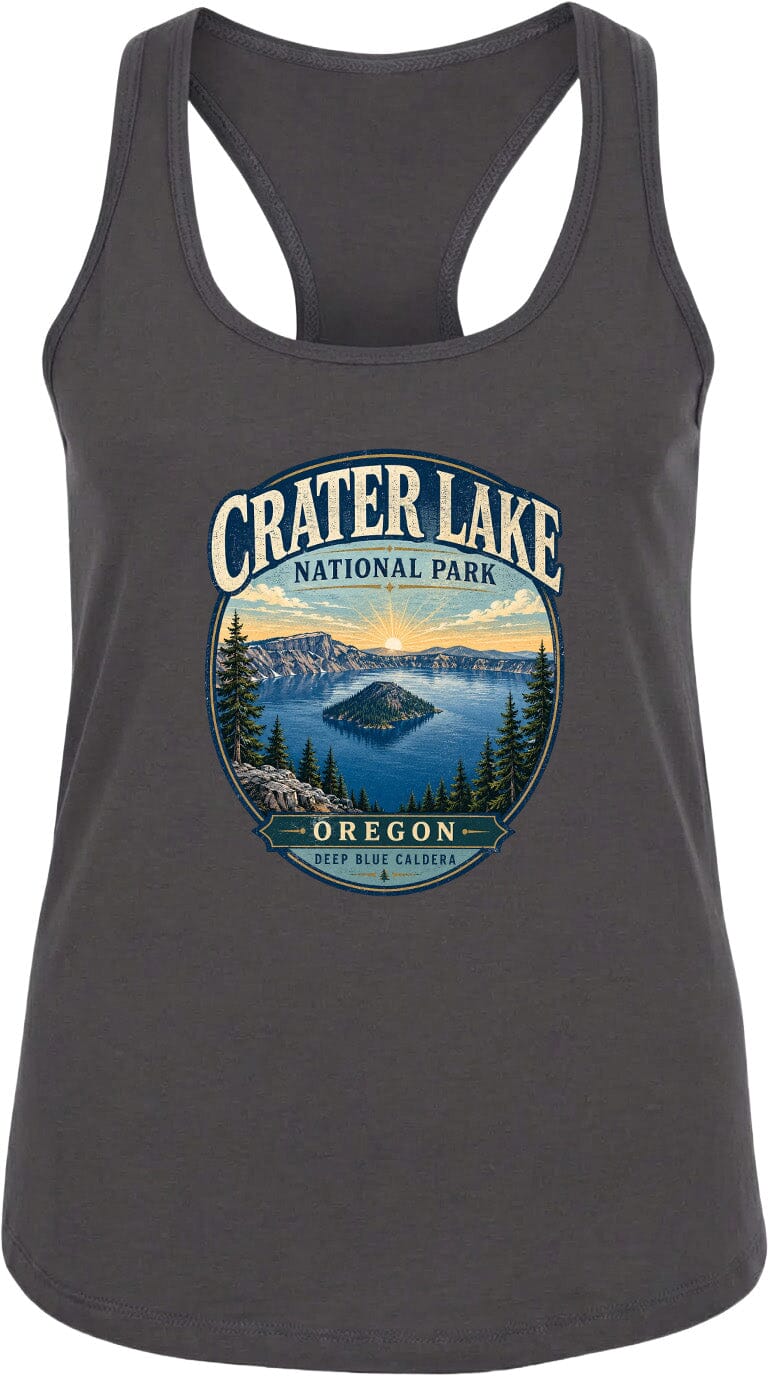 A gray tank top with a graphic design depicting Crater Lake National Park in Oregon.