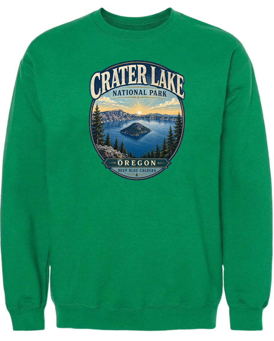 A green sweatshirt with a graphic design depicting Crater Lake National Park in Oregon.