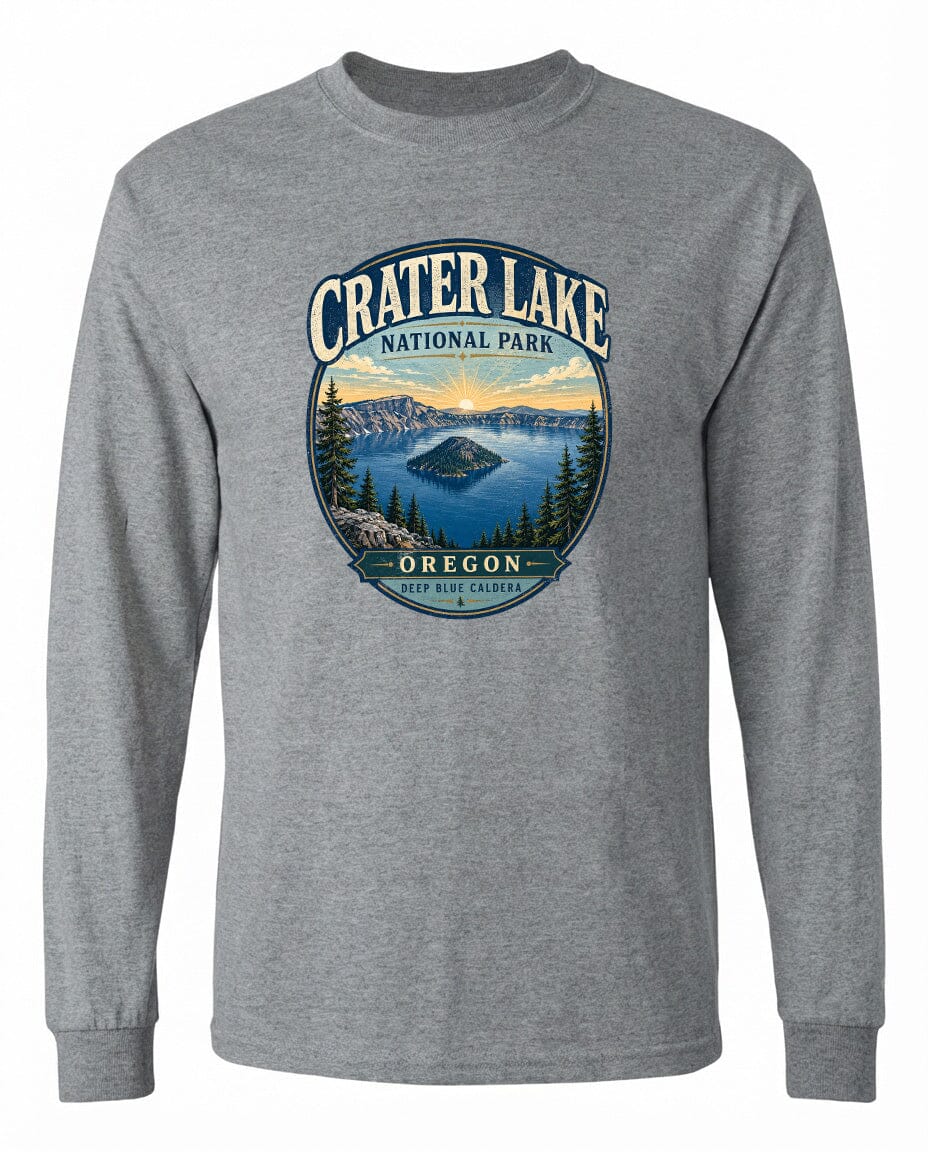 A gray long-sleeved t-shirt with a graphic design depicting Crater Lake National Park in Oregon.