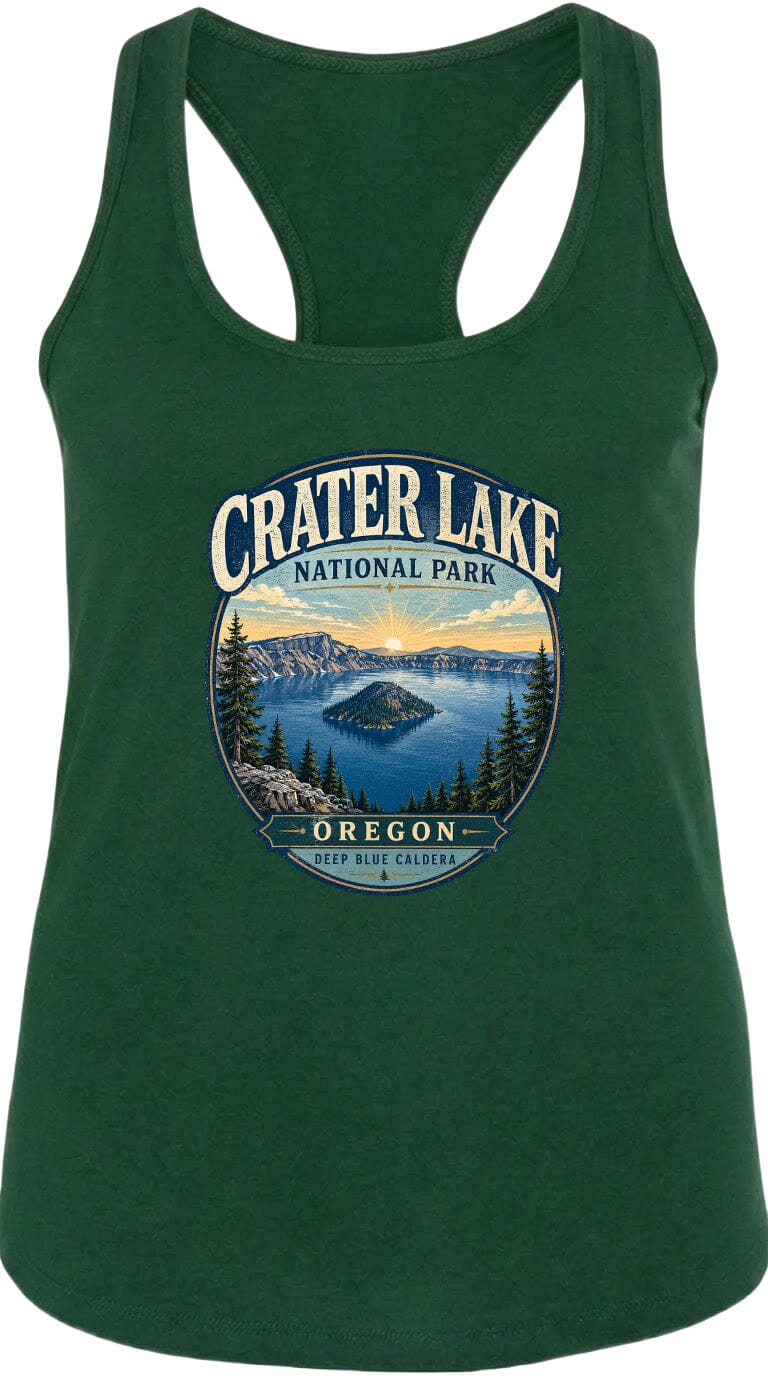 A green tank top with a graphic design depicting Crater Lake National Park in Oregon.