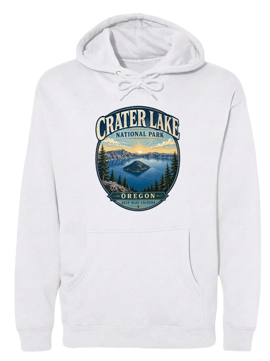 A white hoodie with a graphic design depicting Crater Lake National Park in Oregon.