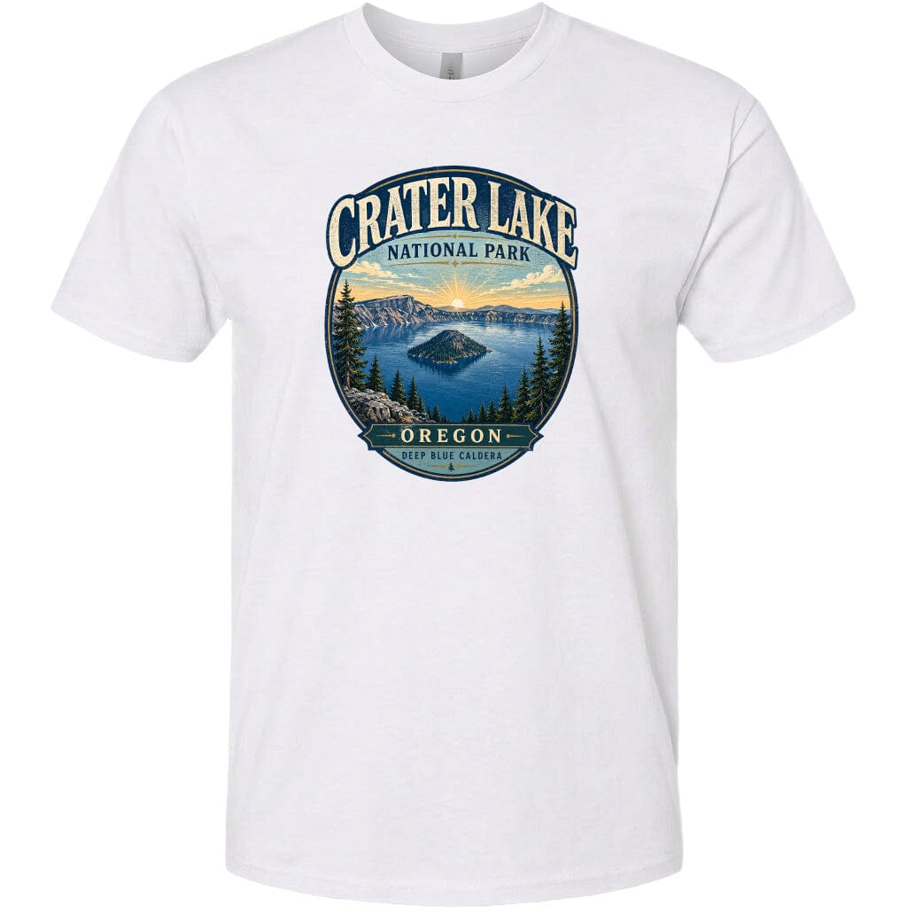 A white t-shirt with a graphic design depicting Crater Lake National Park in Oregon.