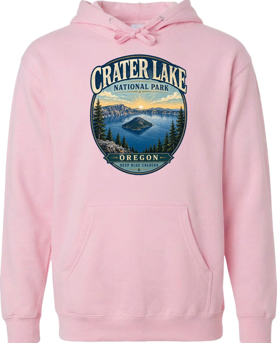 A pink hoodie with a graphic design depicting Crater Lake National Park in Oregon.