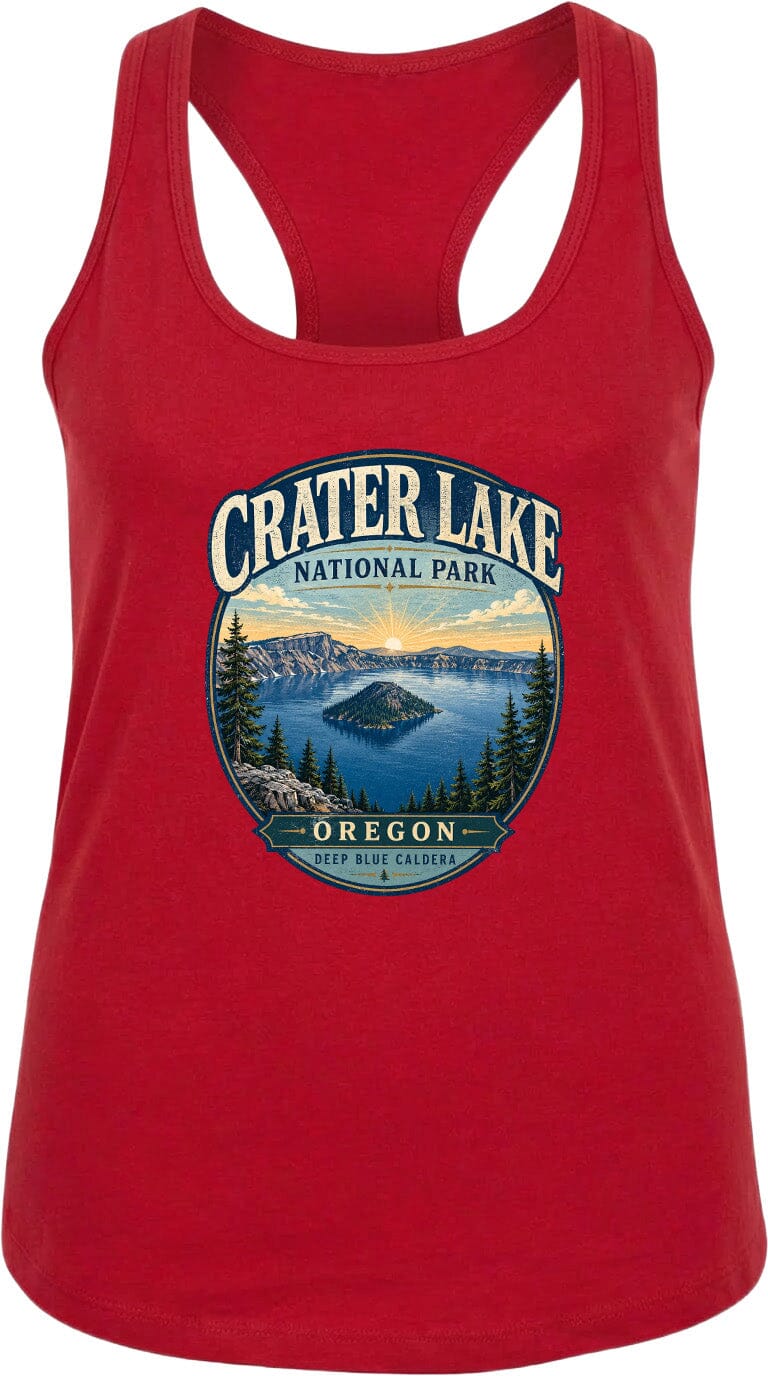 A red tank top with a graphic design depicting Crater Lake National Park in Oregon.