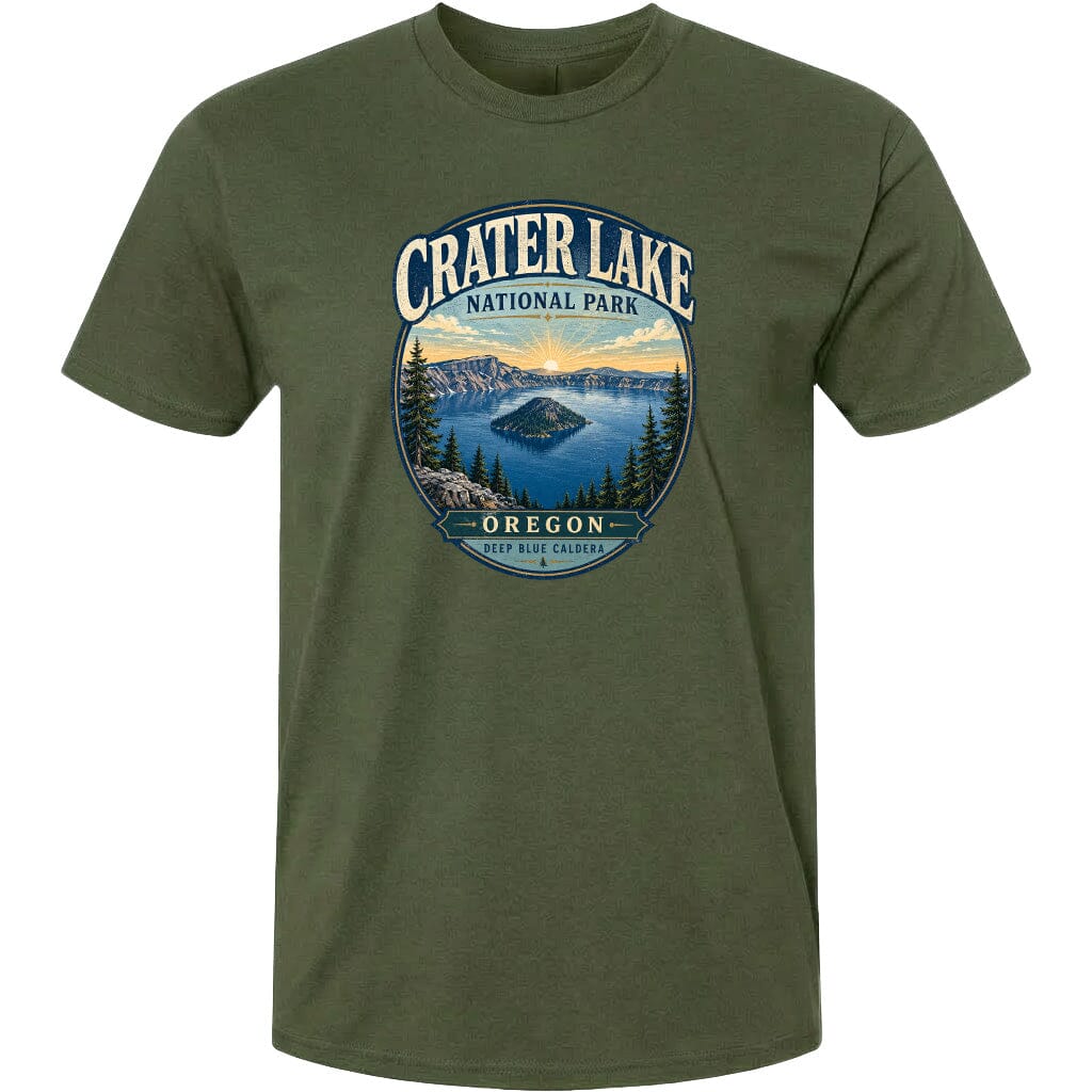 A green t-shirt with a graphic design depicting Crater Lake National Park in Oregon.