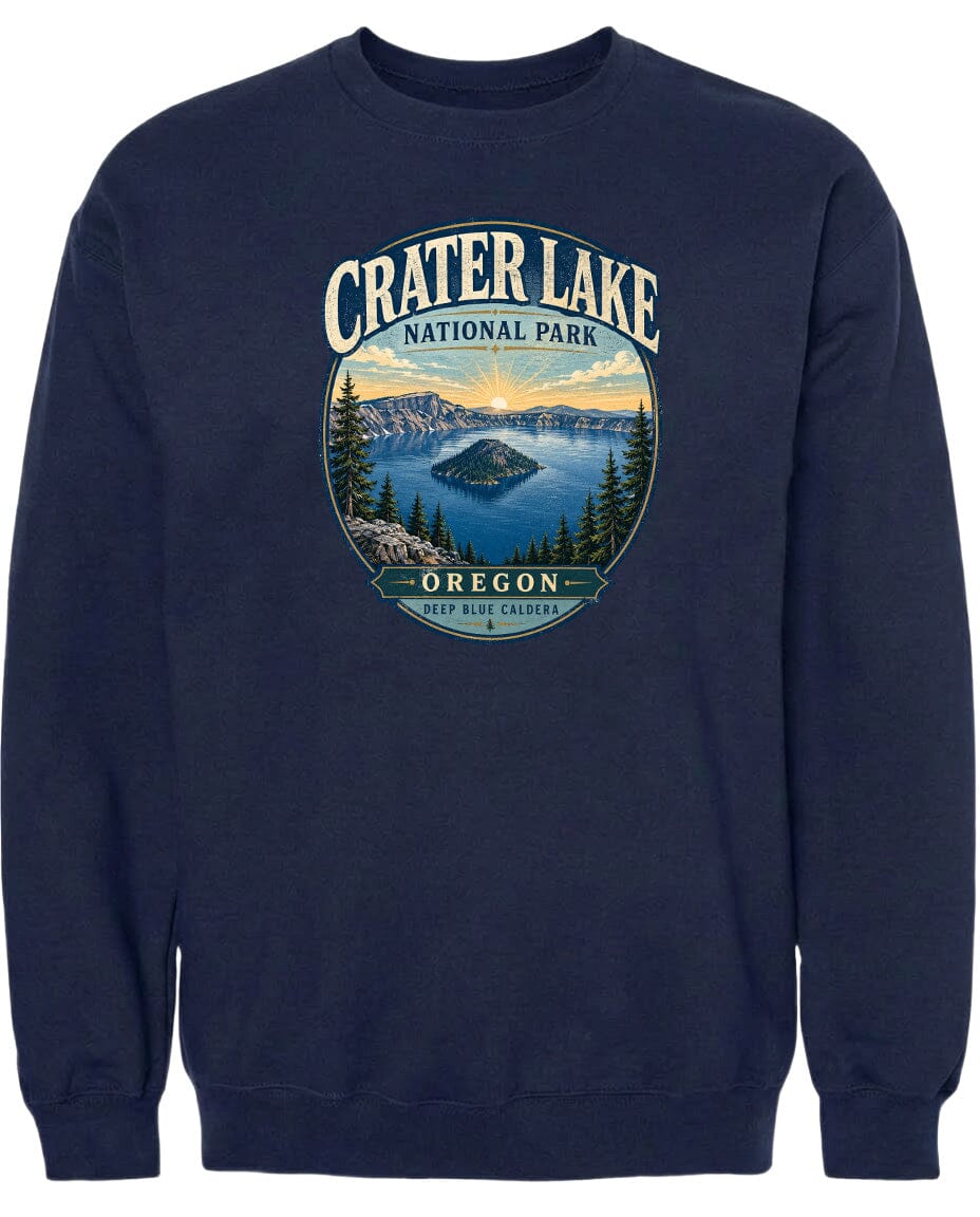 A navy blue sweatshirt with a graphic design depicting Crater Lake National Park in Oregon.