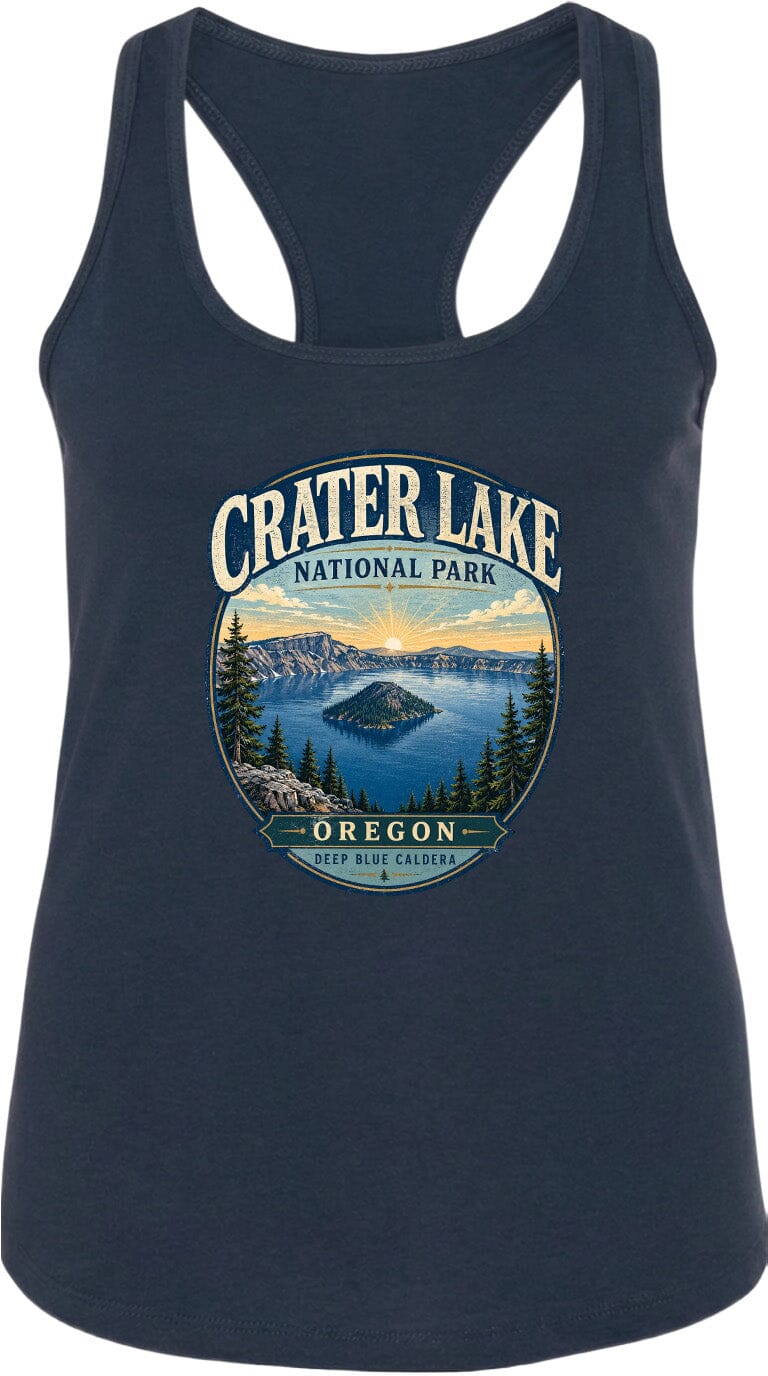 A black tank top with a graphic design depicting Crater Lake National Park in Oregon.